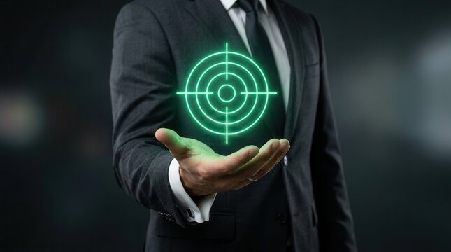 A hand holding a glowing green target icon representing business goals and strategy.