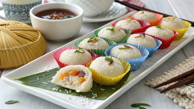 Colorful Filipino puto rice cakes served with dipping sauce for a delightful treat