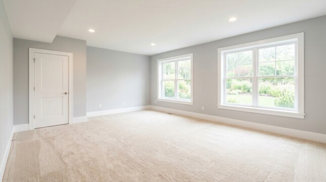 Spacious empty basement room featuring large windows and recessed ceiling lights.