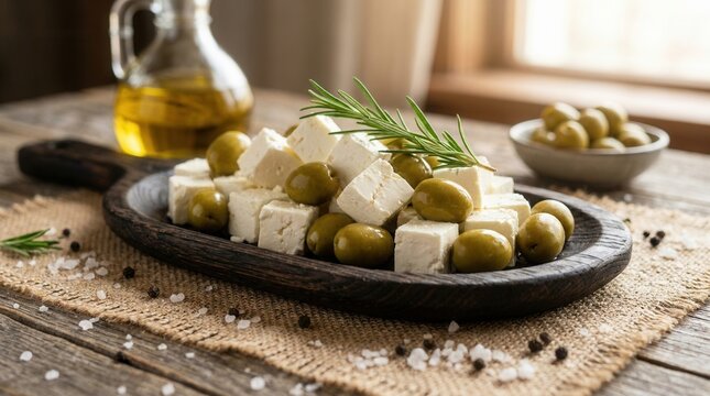 Delicious feta cheese and olives served with rosemary on a wooden board for a mediterranean snack.