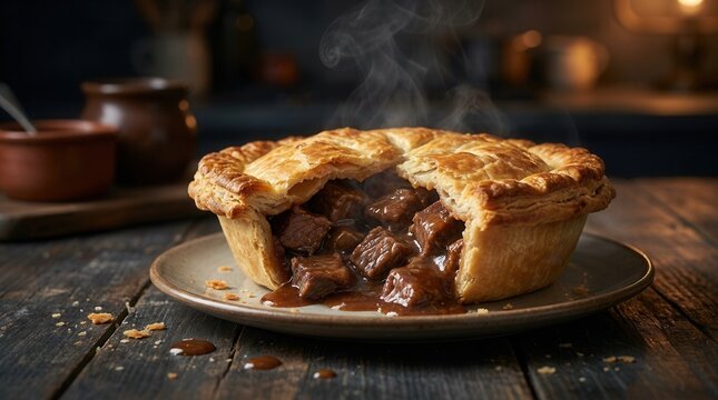 A close up of a delicious beef pie featuring chunks of meat in a savory gravy.