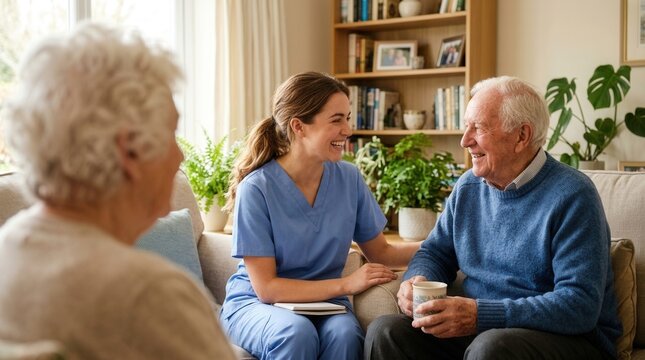 A smiling female nurse offers support and care to an elderly man in a home setting.