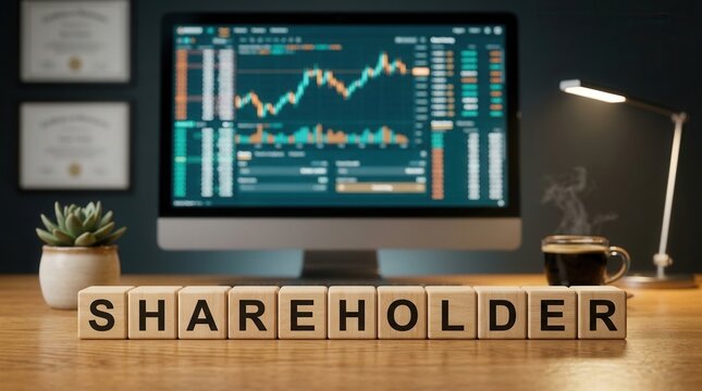 Financial reporting and public company concept featuring shareholder wooden blocks and stock market data on a monitor.