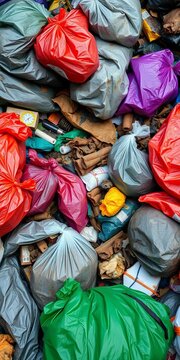 A pile of rotting trash overflowing with garbage bags, toxic waste, decay