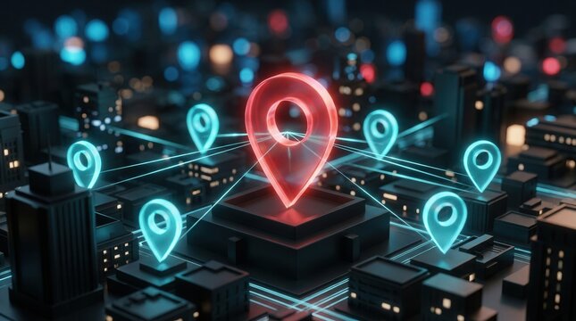 A dark miniature city layout featuring geofencing technology and prominent location pin markers.