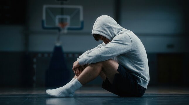 Disappointed young athlete sitting on a basketball court feeling loss and despair.
