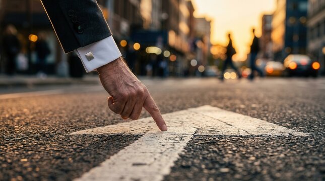 A businessman's hand points toward a white arrow on the asphalt to indicate a clear direction for business success.