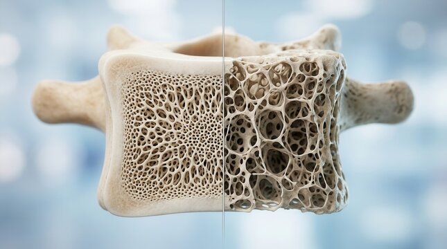 Comparison of healthy bone density and osteoporotic low density bone structure.