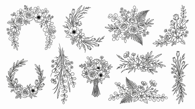Elegant Botanical Floral Arrangements Line Art Collection for Wedding and Branding