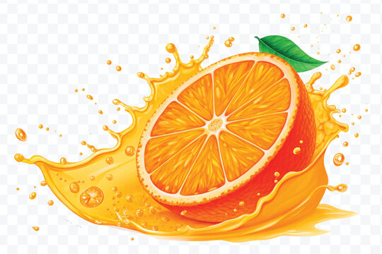 realistic orange slice with juice splash in different style isolated on transparent background

