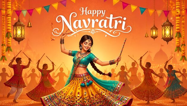 Happy navratri celebration with woman performing garba dance