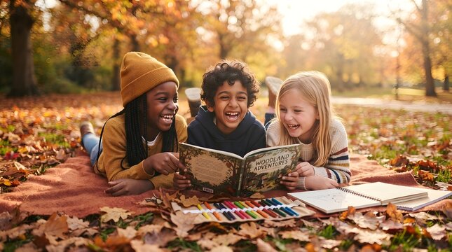 Three diverse children laughing and reading a book together on a blanket in a beautiful autumn park filled with fallen leaves