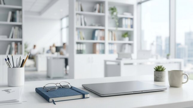 An empty office desk featuring a laptop, notebook, and eyeglasses in a bright workspace.