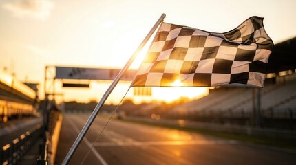 Fototapeta premium Checkered flag at the race track finish line against a glowing sunset sky.