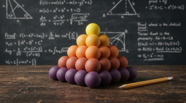 A pyramid of colored marbles and a pencil on a wooden table with a chalkboard background.