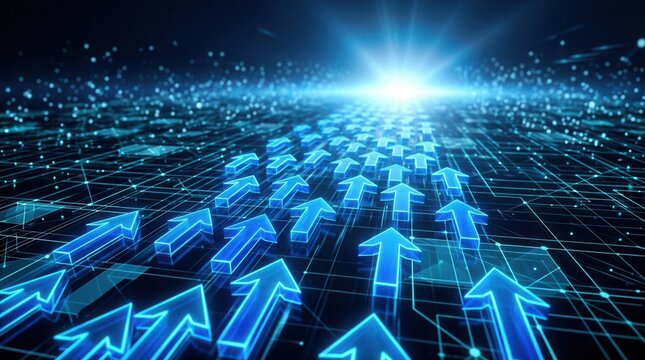 Concept of strategic direction and change management with blue glowing arrows in a digital network.