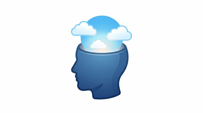 Abstract illustration of a human head with open top containing clouds and sky.