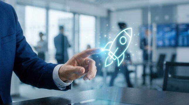 Business professional touching a glowing rocket icon for a strategic product launch.