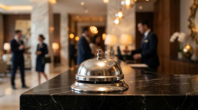 A silver service bell sits on a marble reception desk in a luxury hotel lobby.