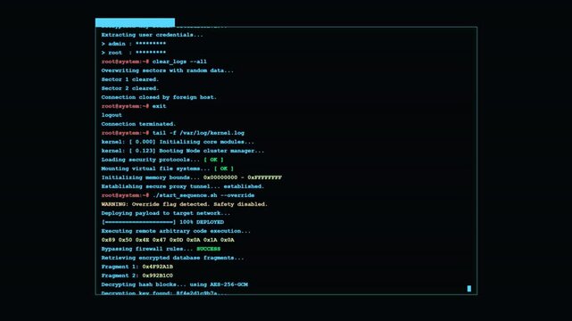 Continuous scrolling hacking terminal with endless code generation and a high-impact digital glitch tearing effect every 2 seconds.