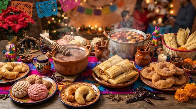 Traditional Mexican Day of the Dead Altar with Pan de Muerto and Hot Chocolate.