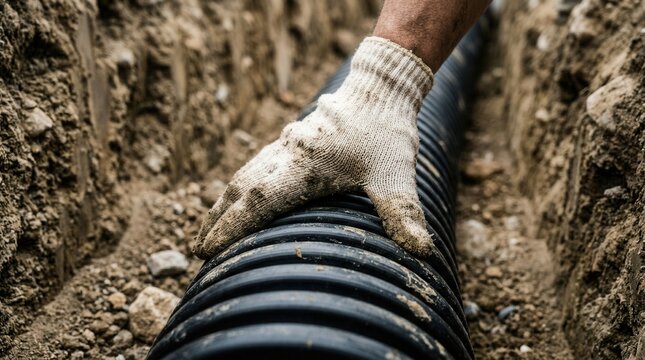Close up of a worker installing a new sewer pipe in a trench.