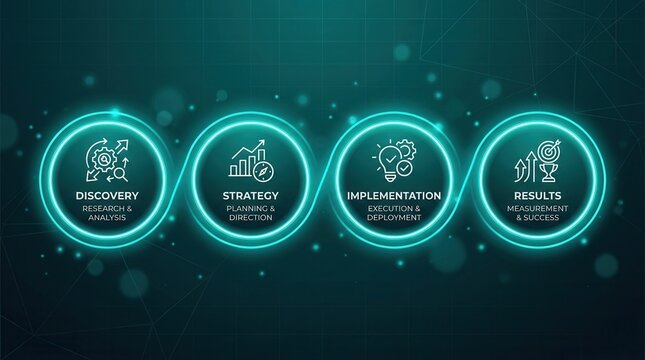 A sequence of business process workflow steps including discovery, strategy, implementation, and results.