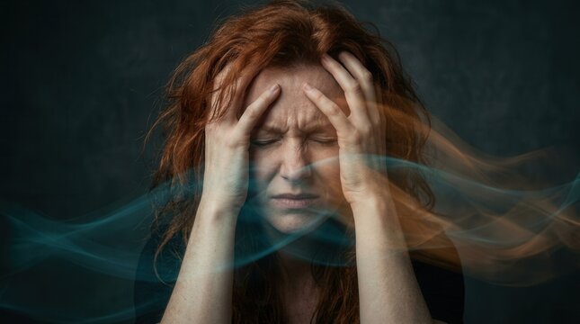 Abstract waves represent trauma response and PTSD therapy around a person in pain.