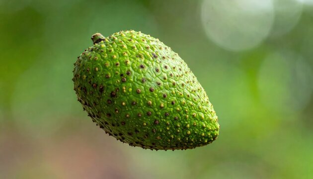Close up of single green soursop fruit in nature.