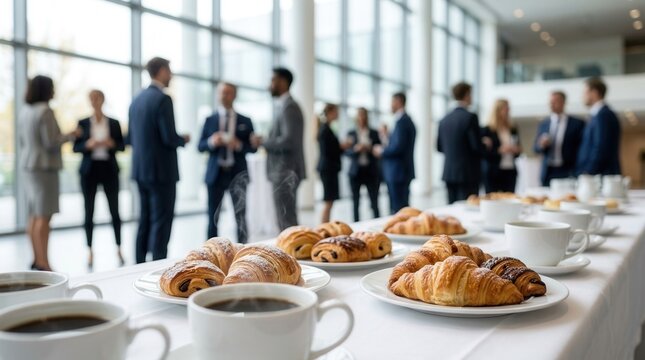 Business professionals networking during a conference break with coffee and pastries.