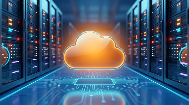 Glowing orange cloud computing icon floating inside futuristic server room with rows of stacked data center racks and blue circuit board floor representing advanced digital network connectivity