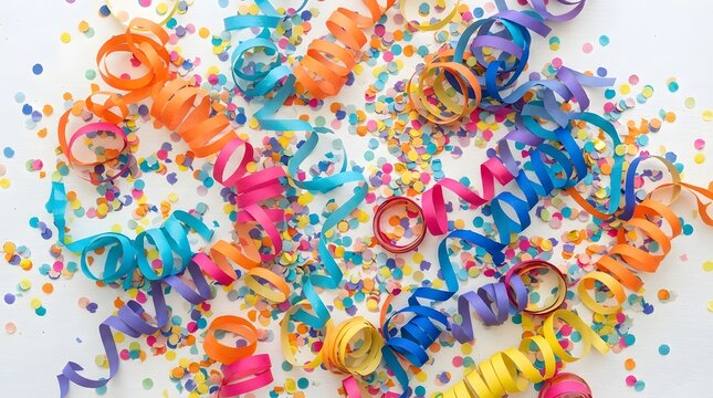 Colorful party streamers and confetti scattered on a white background