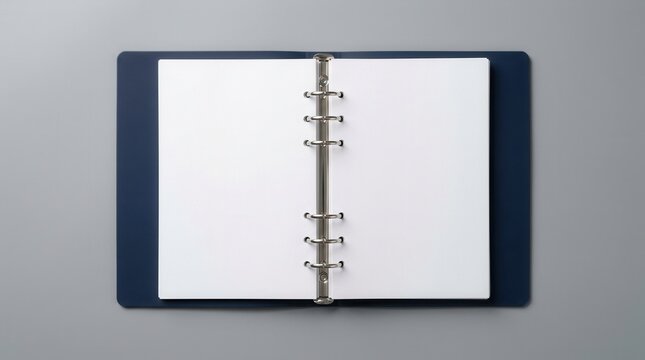 A minimalist open ring binder featuring blank white paper and metal rings.