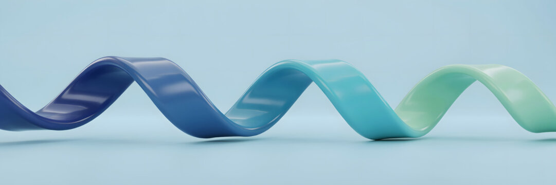 Glossy 3d rendered wavy ribbon with a smooth gradient from dark blue to light green isolated on a solid light blue background surface