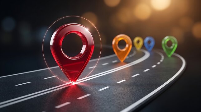 Vibrant red digital map pin marker floating on dark road surface with other blurred location markers representing navigation technology and global positioning systems for travel