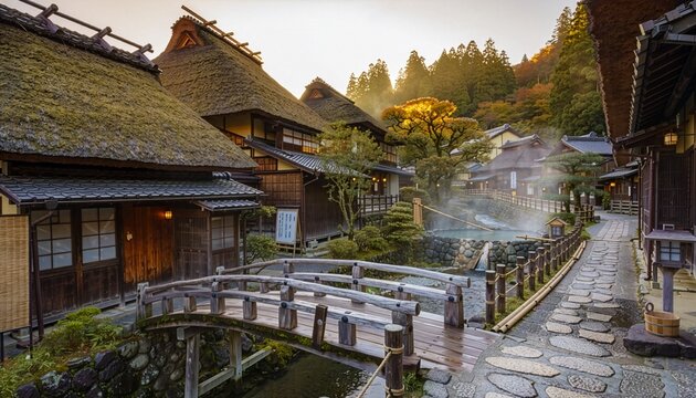 黒川温泉、茅葺きの湯宿が並ぶ川沿いの温泉街　生成AI