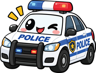 Kawaii Police Car Cartoon Sticker, Cute Emergency Law Enforcement Vehicle Vector Illustration © fajar