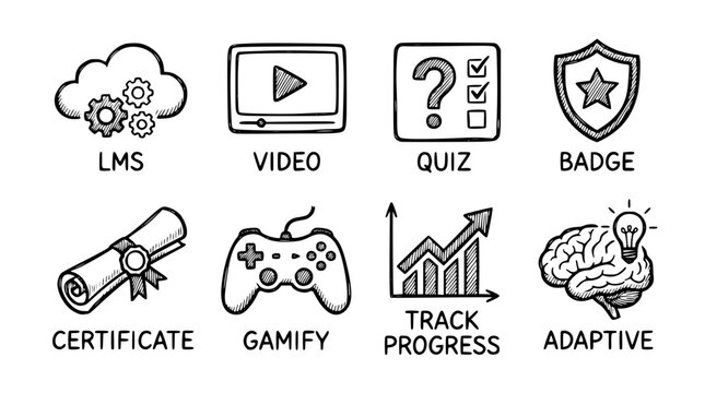 Hand drawn modern education technology edtech icons lms video quiz badge certificate gamify track progress adaptive, black ink sketch vector illustration