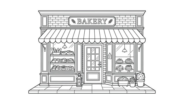 Charming Bakery Storefront Exterior with Baked Goods Display - Vector Line Art