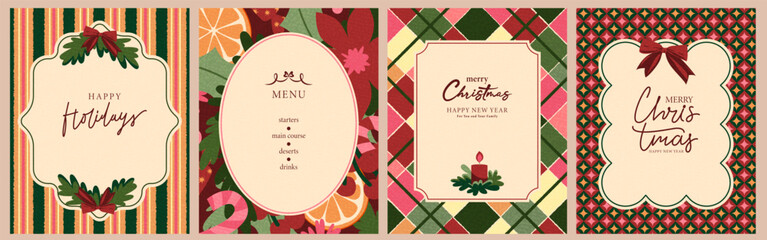 Obraz premium Merry Christmas greeting card template in retro vintage, cottage core style. New Year, holiday greetings. Colorful geometric plaid pattern, lines, dots, leaves, plants, flowers.