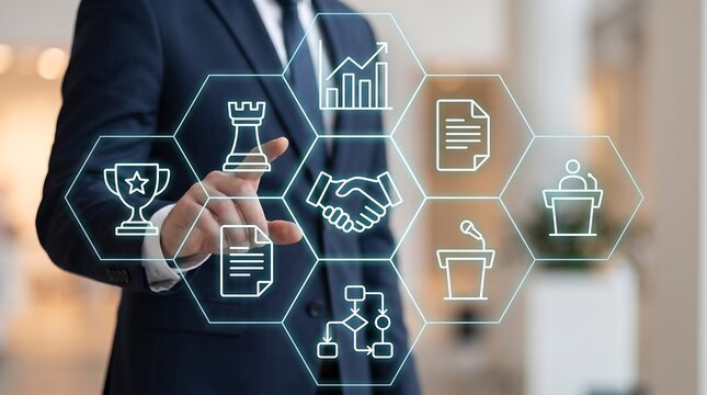 Businessman touching digital holographic display showing business trophy and strategy icons for corporate success and achievement concept in professional office workspace with soft lighting