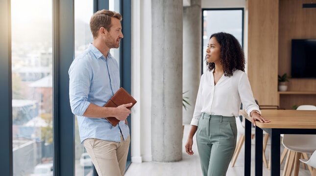 Business coworkers talking near office window