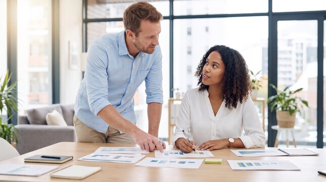 Coworkers reviewing documents at office table