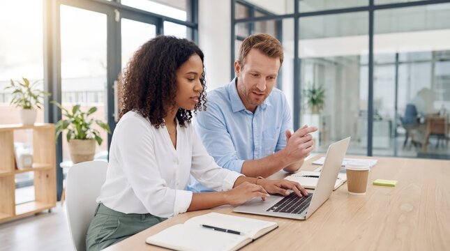 Colleagues working together on laptop