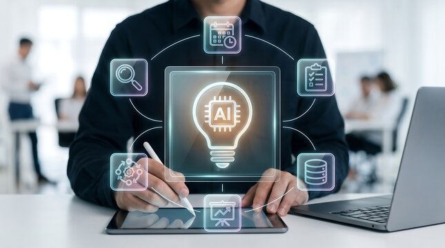Businessman using tablet with digital artificial intelligence and business management icons interface for professional workflow and data organization in modern office workspace environment