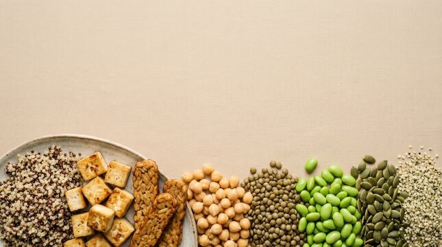 Variety of plant based protein sources on beige background