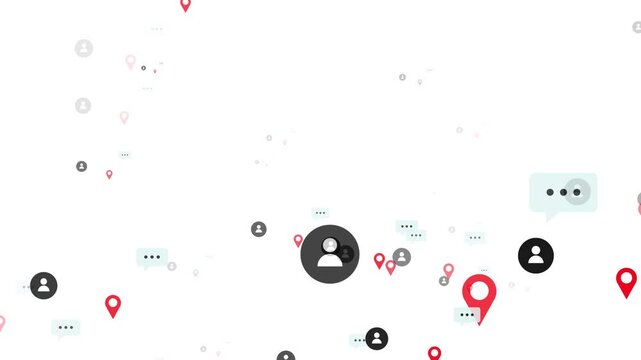 Social media icons with floating profiles, chat bubbles animation isolated on white background