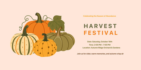 Obraz premium Fall harvest festival with various pumpkins poster design. Autumn thanksgiving day holiday. Harvest Halloween in October template banner. Vector flat illustration