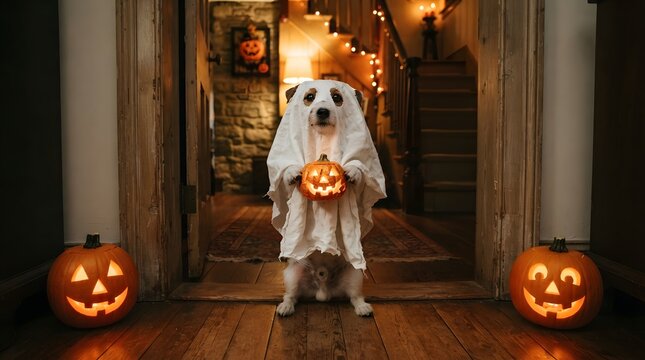 A small dog dressed as a ghost holding a glowing jackolantern in a dimly lit hallway decorated for halloween