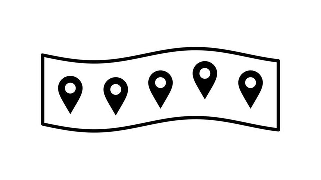 Multi stop map icon showing a wavy paper style map with five separate location pins, representing a travel itinerary with multiple stop destinations